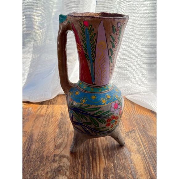 VTG Mexican Clay Hand Painted Pottery Folkart Tripod Ewer Vase Multicolor Medium - Picture 2 of 6